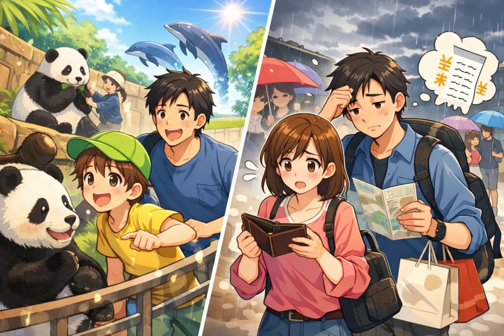 家族の動物園日と現実の対比