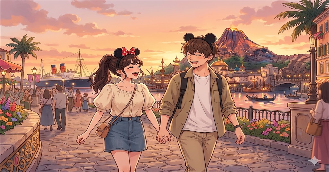 夕暮れのディズニーシーで、二人の思い出作り