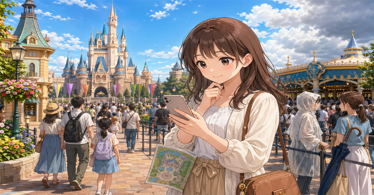 ディズニーランドの混雑・待ち時間・天気を確認する女性旅行者