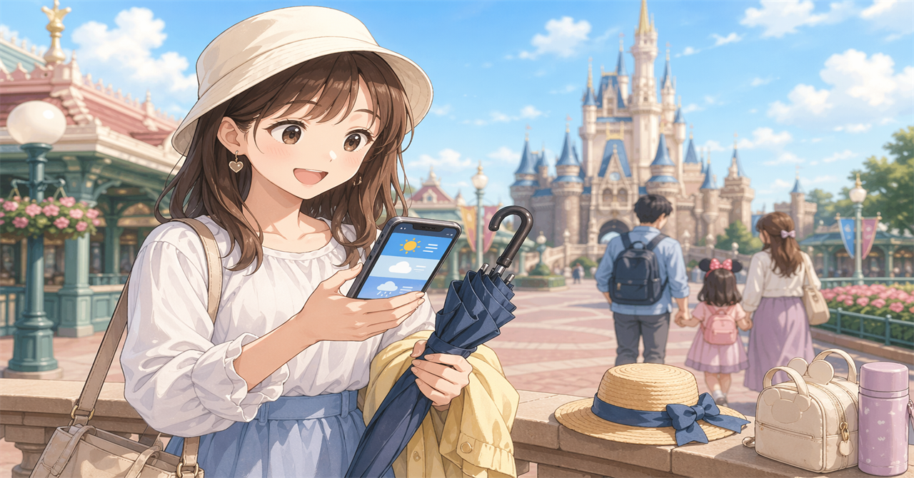 ディズニーランドの天気予報と持ち物を確認する様子