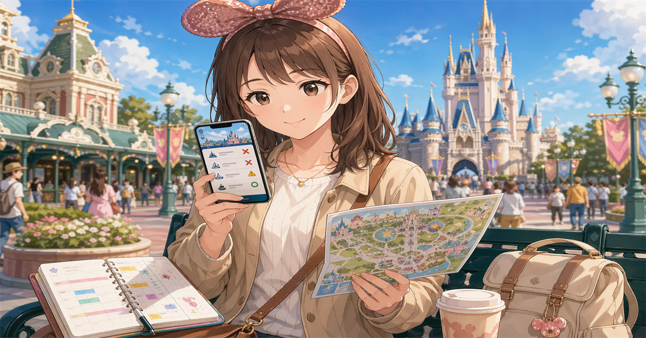 休止情報を確認しながら予定を組み直すディズニーランドの一日