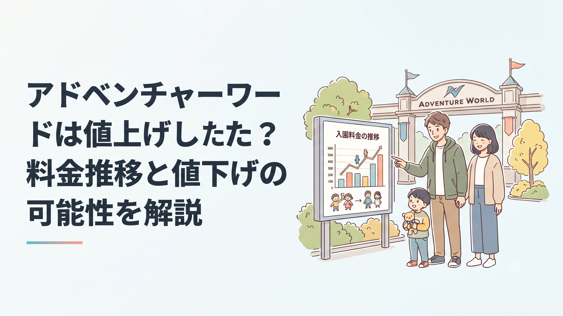 アドベンチャーワールドのゲート前で入園料金の推移を確認する家族
