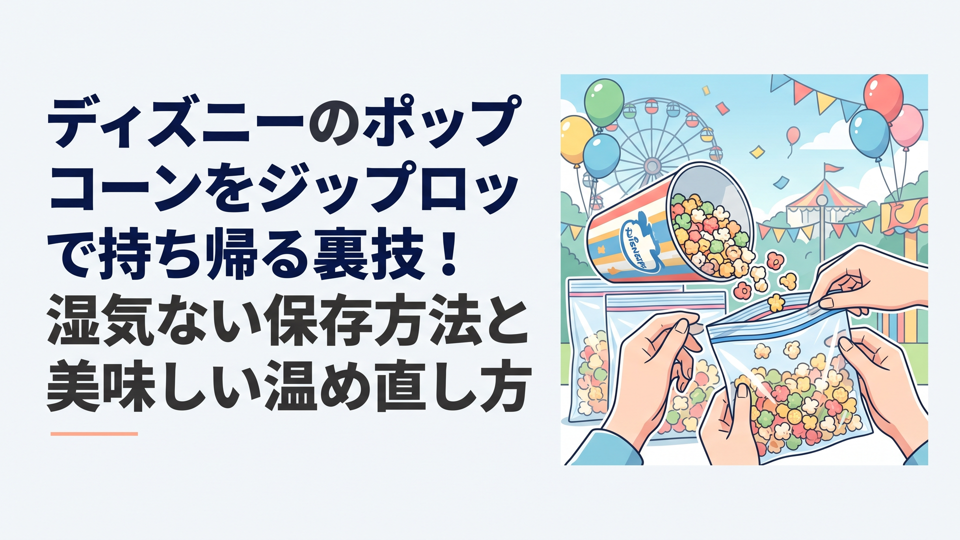 東京ディズニーリゾートのポップコーンと食品用ジッパーバッグを並べた持ち帰り準備
