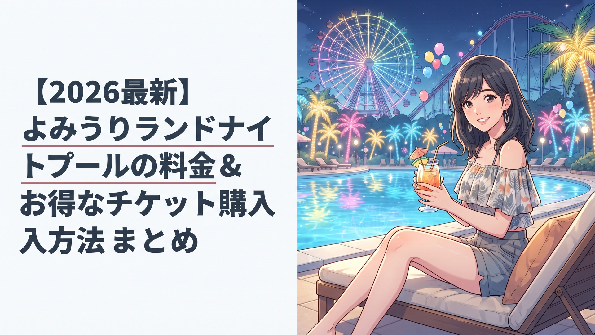 イルミネーションとヤシの木が水面に映るよみうりランドナイトプール