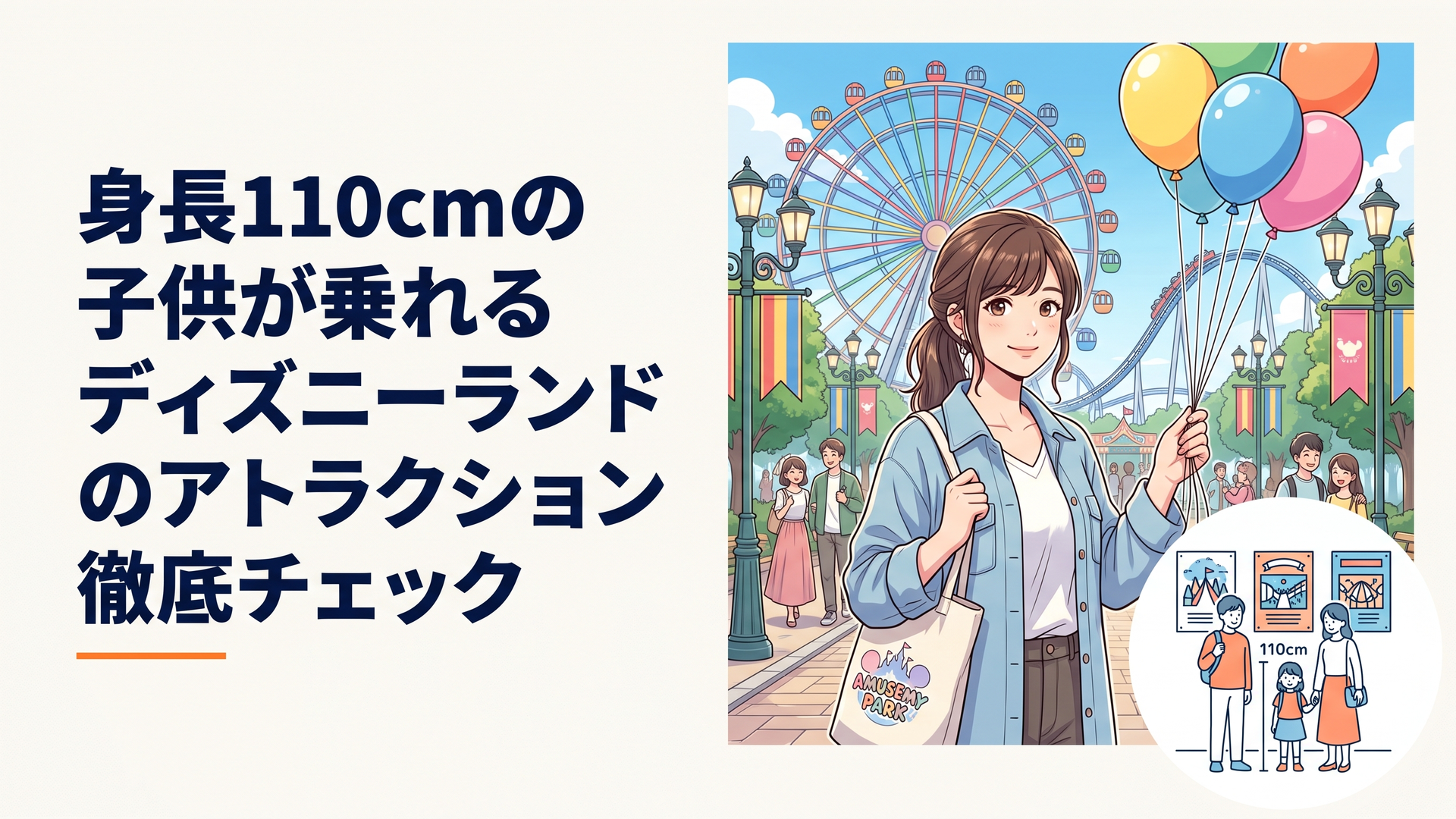 身長110cmの子供と家族が東京ディズニーランドの5つのアトラクションを比較している様子