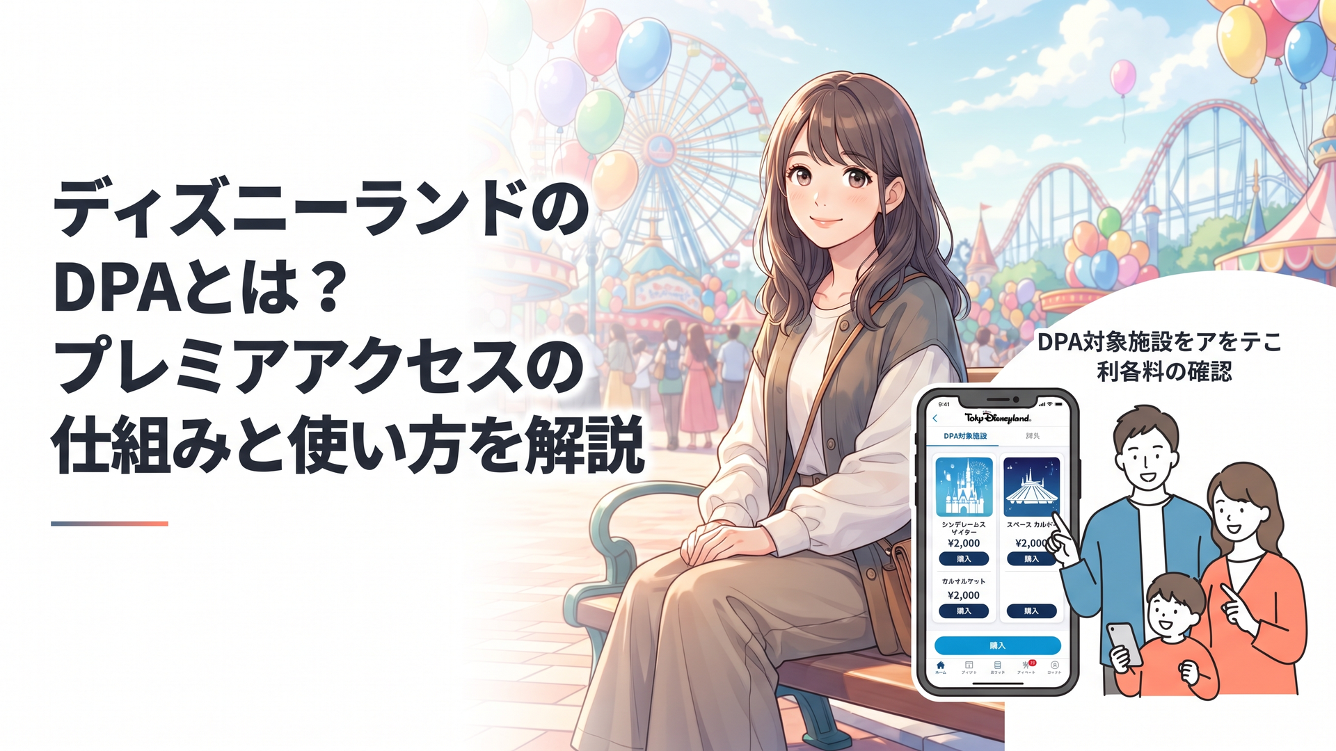 東京ディズニーランドの公式アプリでDPAの対象施設と料金を確認する家族
