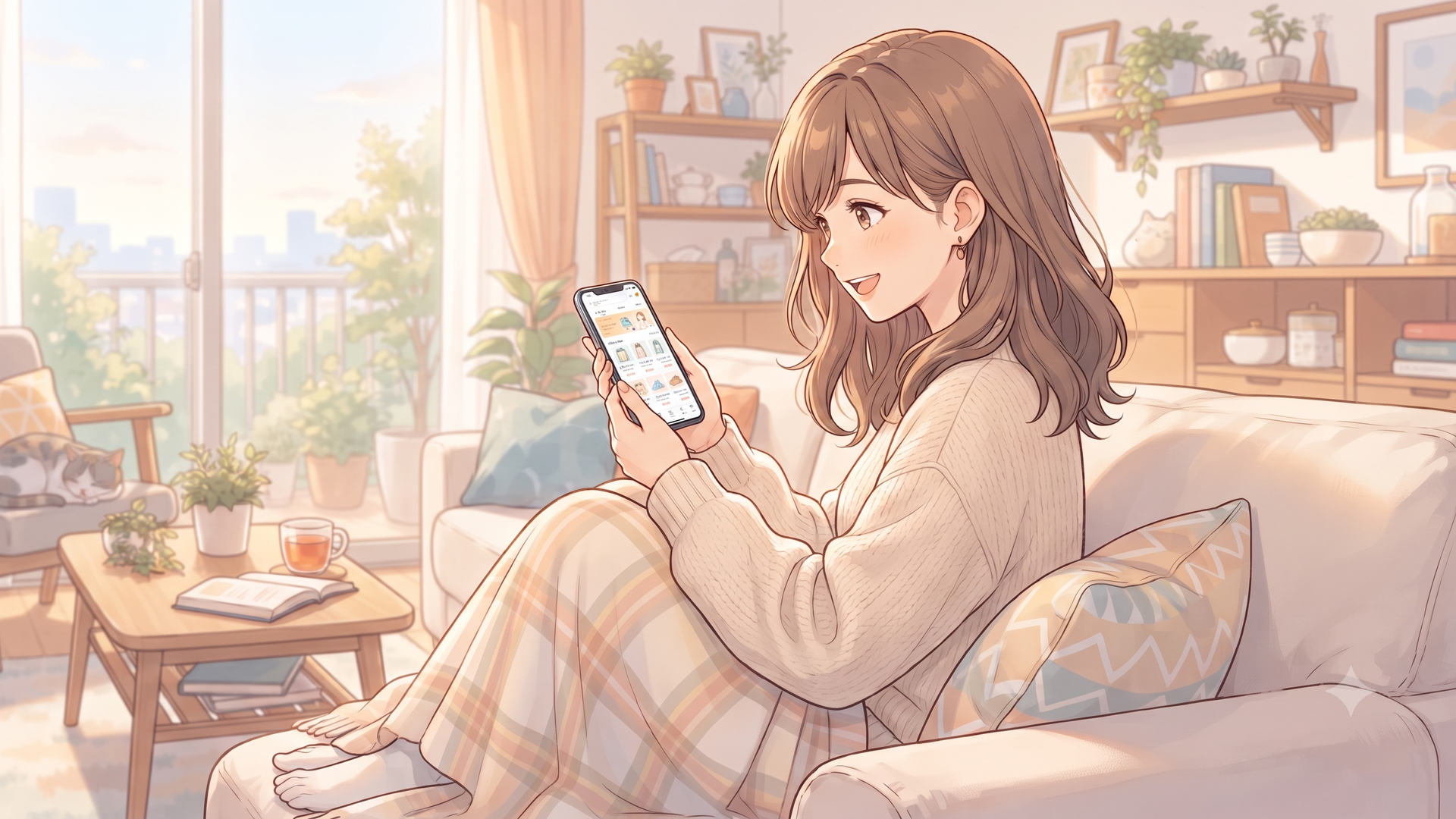 スマートフォンで公式オンラインストアの商品を確認する女性