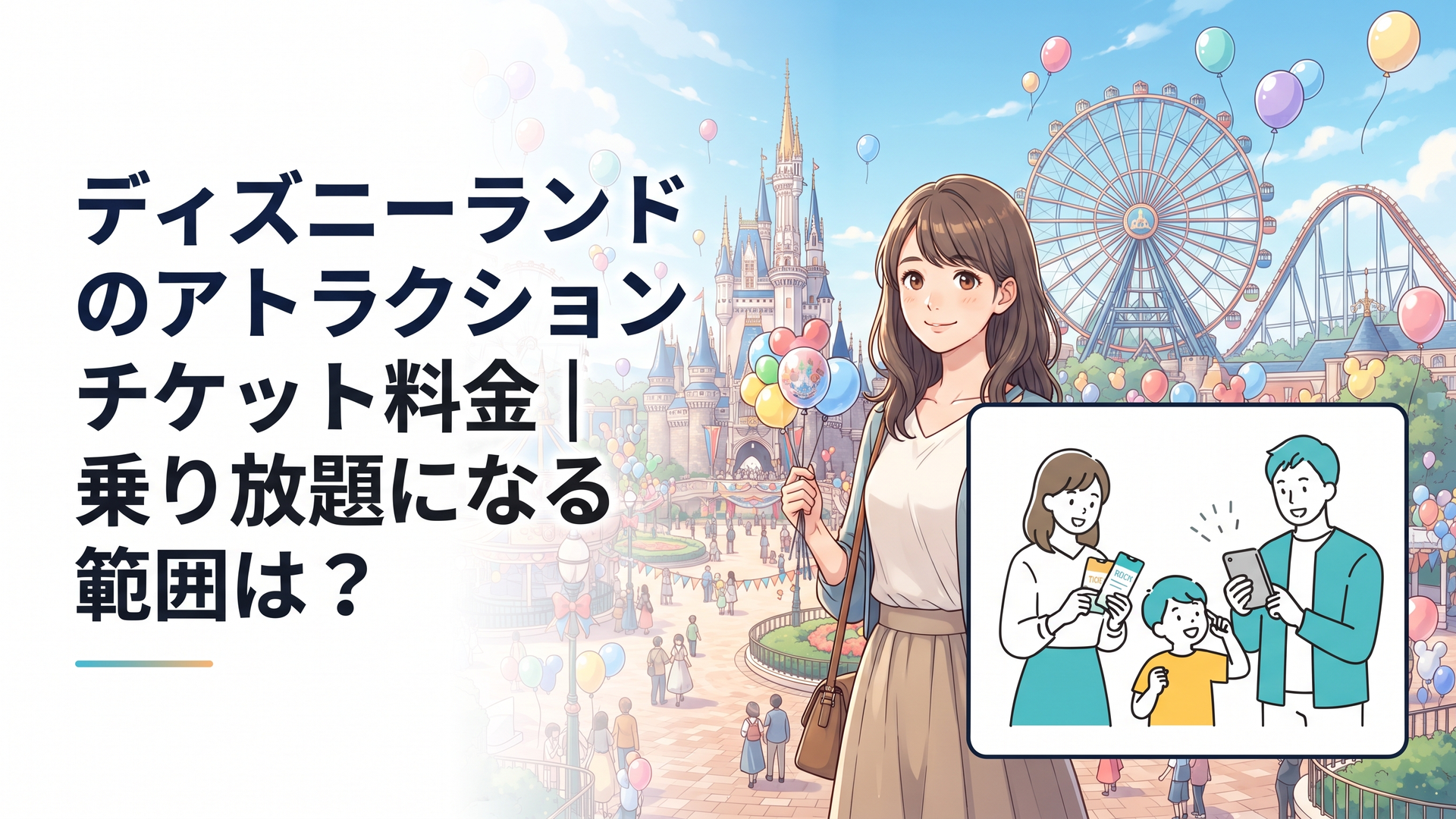 ディズニーランドの入園券とアトラクション利用方法を確認する家族