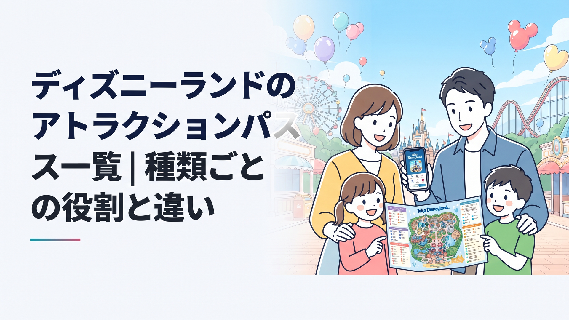 東京ディズニーランドのパークマップと公式アプリを見ながらアトラクションの予定を相談する家族