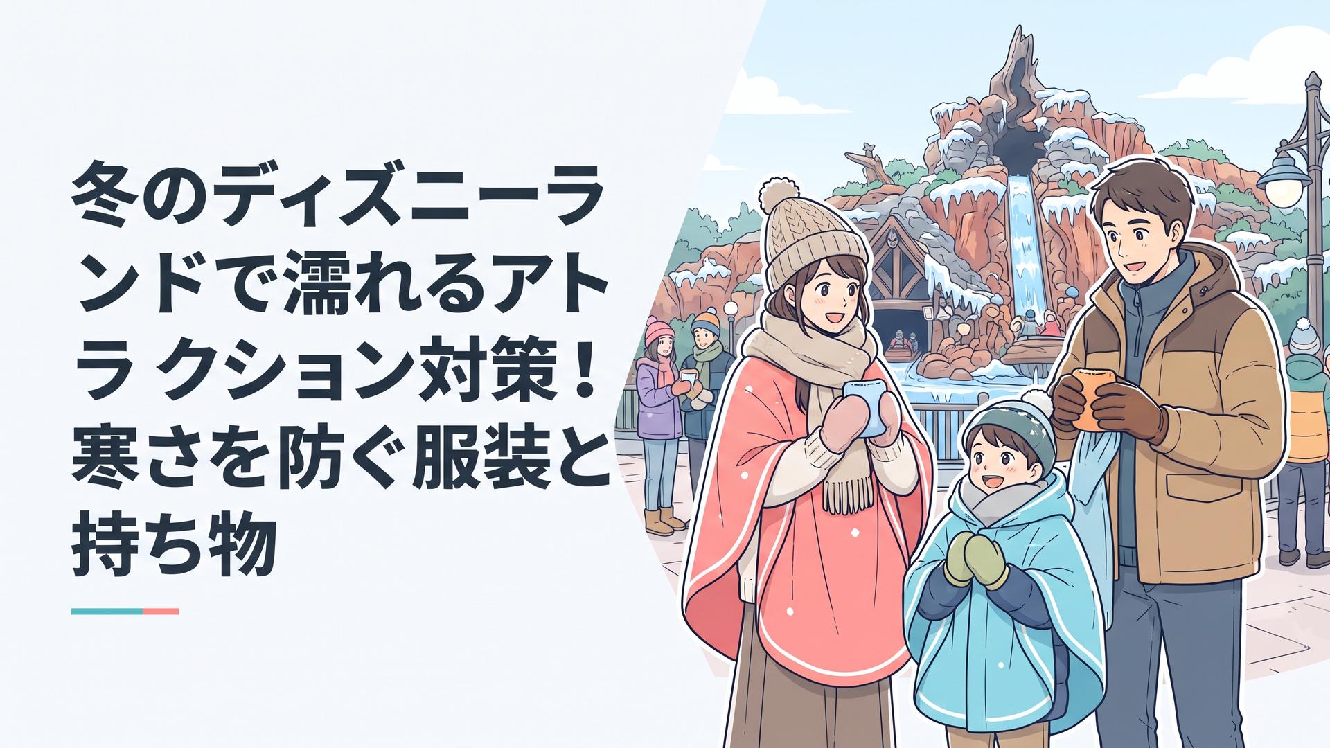 冬のスプラッシュ・マウンテンを背景にポンチョと防寒着を準備する家族