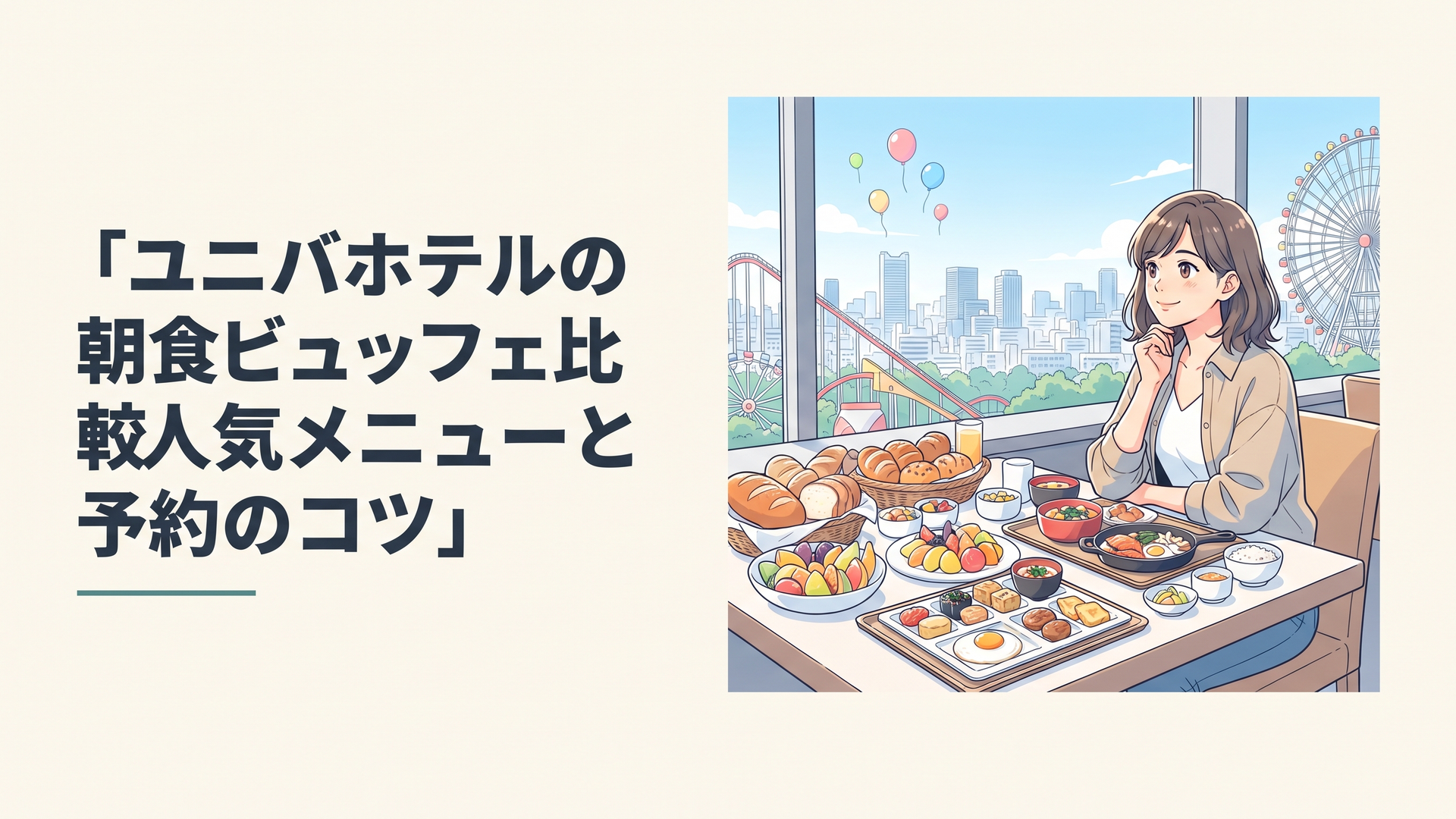大阪の街並みを見渡せる高層階のレストランで、焼きたてパンや彩り豊かなビュッフェメニューが並ぶ朝の食卓