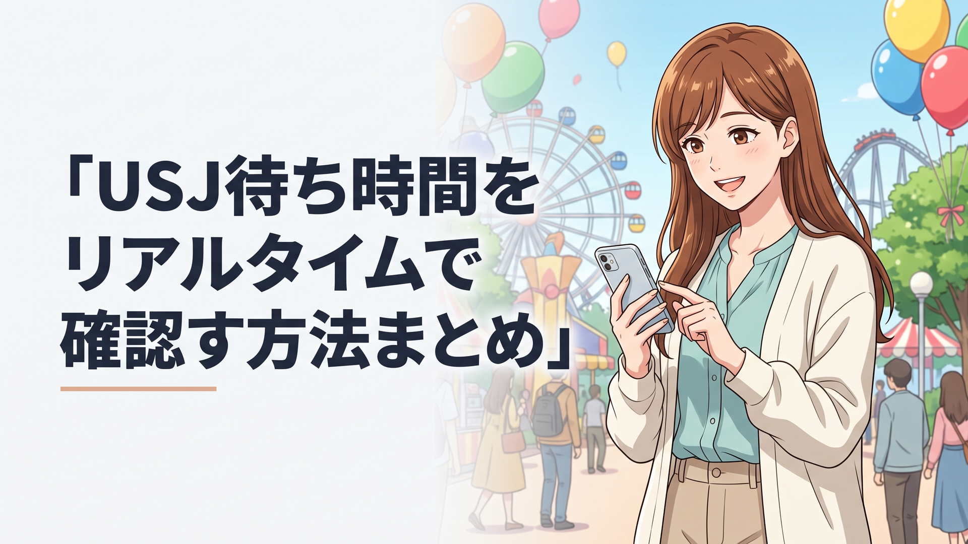 スマートフォンでUSJのリアルタイム待ち時間を確認しながらパークを歩く女性
