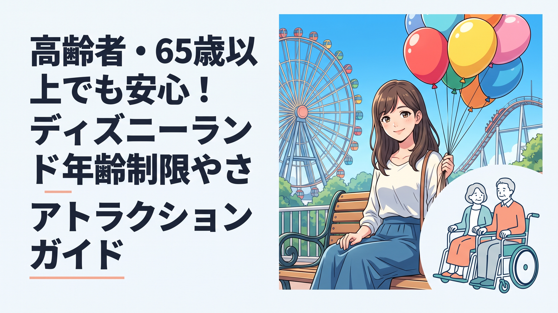 東京ディズニーランドでシニア夫婦が車椅子と共に穏やかなアトラクションを楽しむ温かい風景