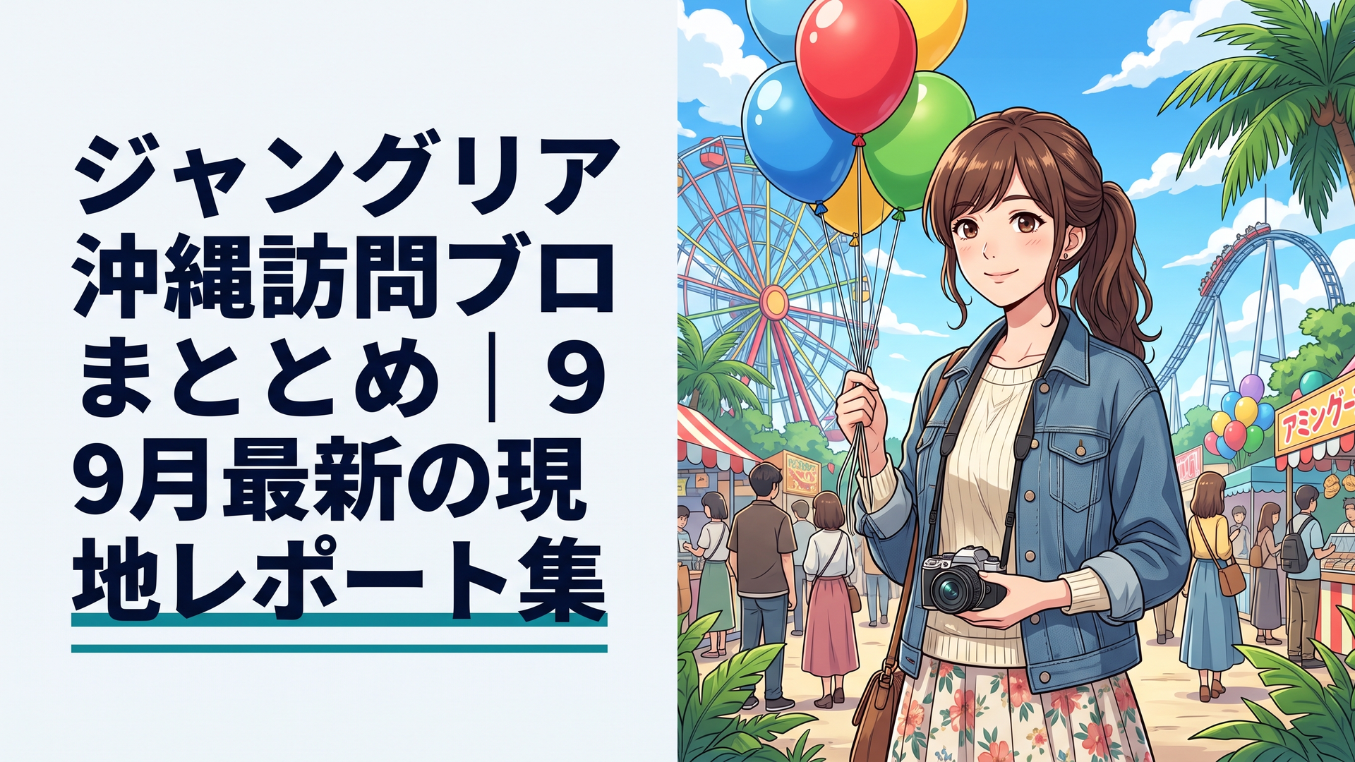 沖縄北部のジャングルの中に広がるテーマパークの入口ゲートと、旅行ブロガーが記録を取る様子