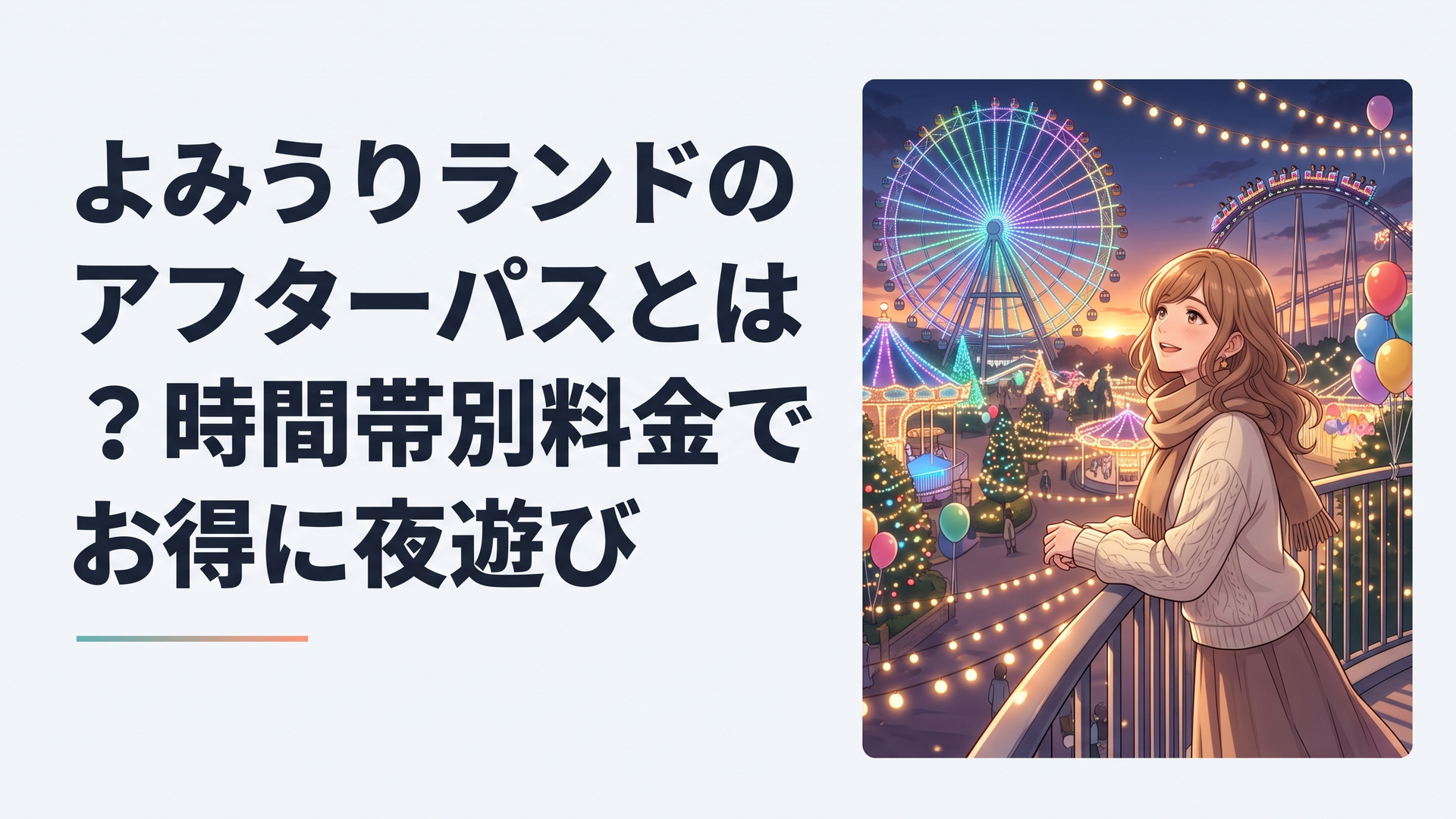 夕暮れのよみうりランドで、色とりどりのイルミネーションに包まれながらジェットコースターが走る幻想的な光景