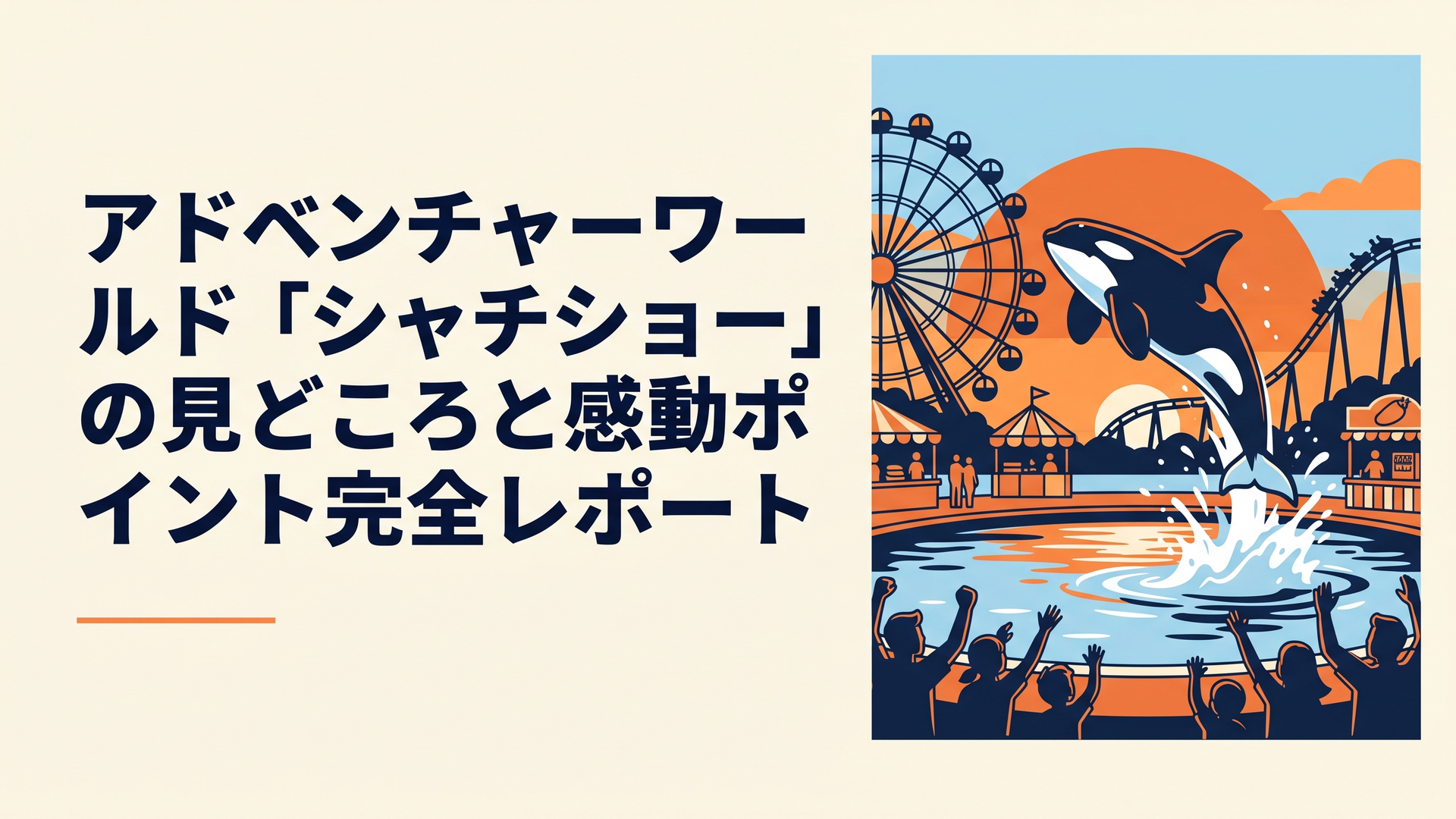 夕暮れのテーマパークのプールでシャチが大きくジャンプし、観客が歓声をあげている様子