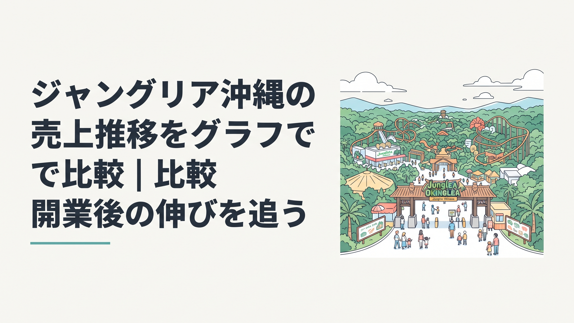 沖縄北部やんばるの森に広がる大型テーマパークの全景と、来場者でにぎわう入場ゲートを見下ろす明るい昼のシーン