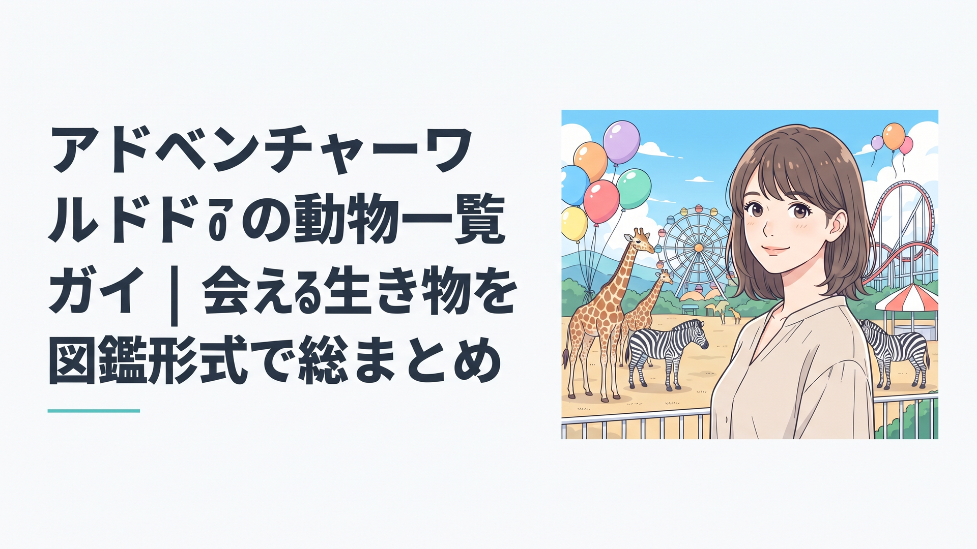 南紀白浜の青空の下、サファリの草原でキリンやシマウマがのんびり過ごすアドベンチャーワールドの風景