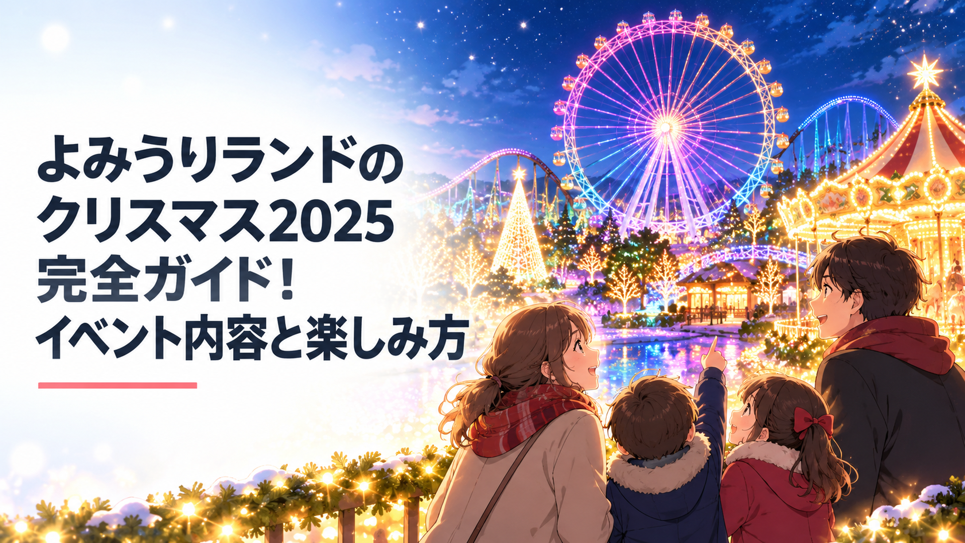 夜のよみうりランドで宝石色のイルミネーションに包まれた観覧車と、クリスマスの遊園地を見上げる家族のシルエット