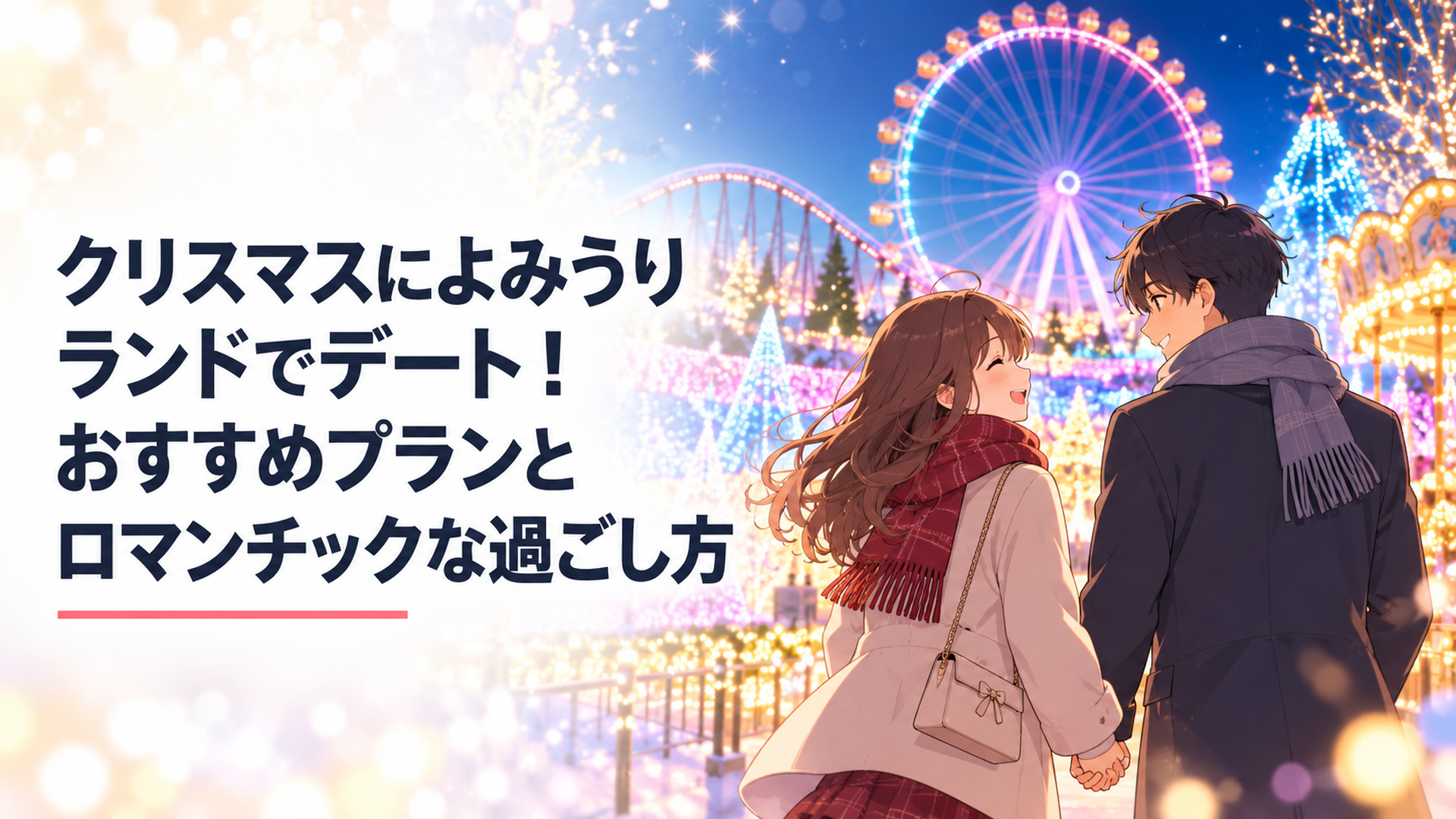 夜のよみうりランドで宝石色のイルミネーションに包まれ、観覧車を背景に手をつなぐカップルのシルエット