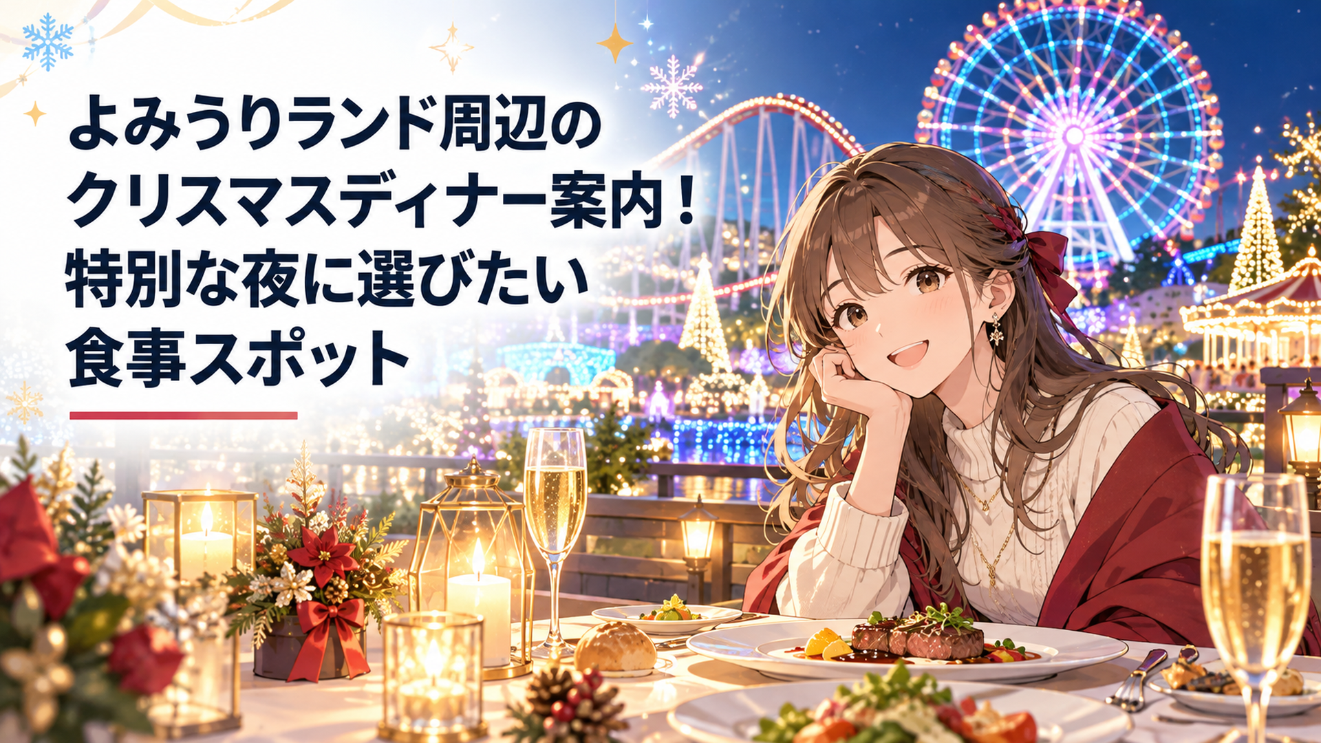 冬のイルミネーションに彩られた遊園地の夜景と、テーブルに灯るキャンドルのあるディナーシーン