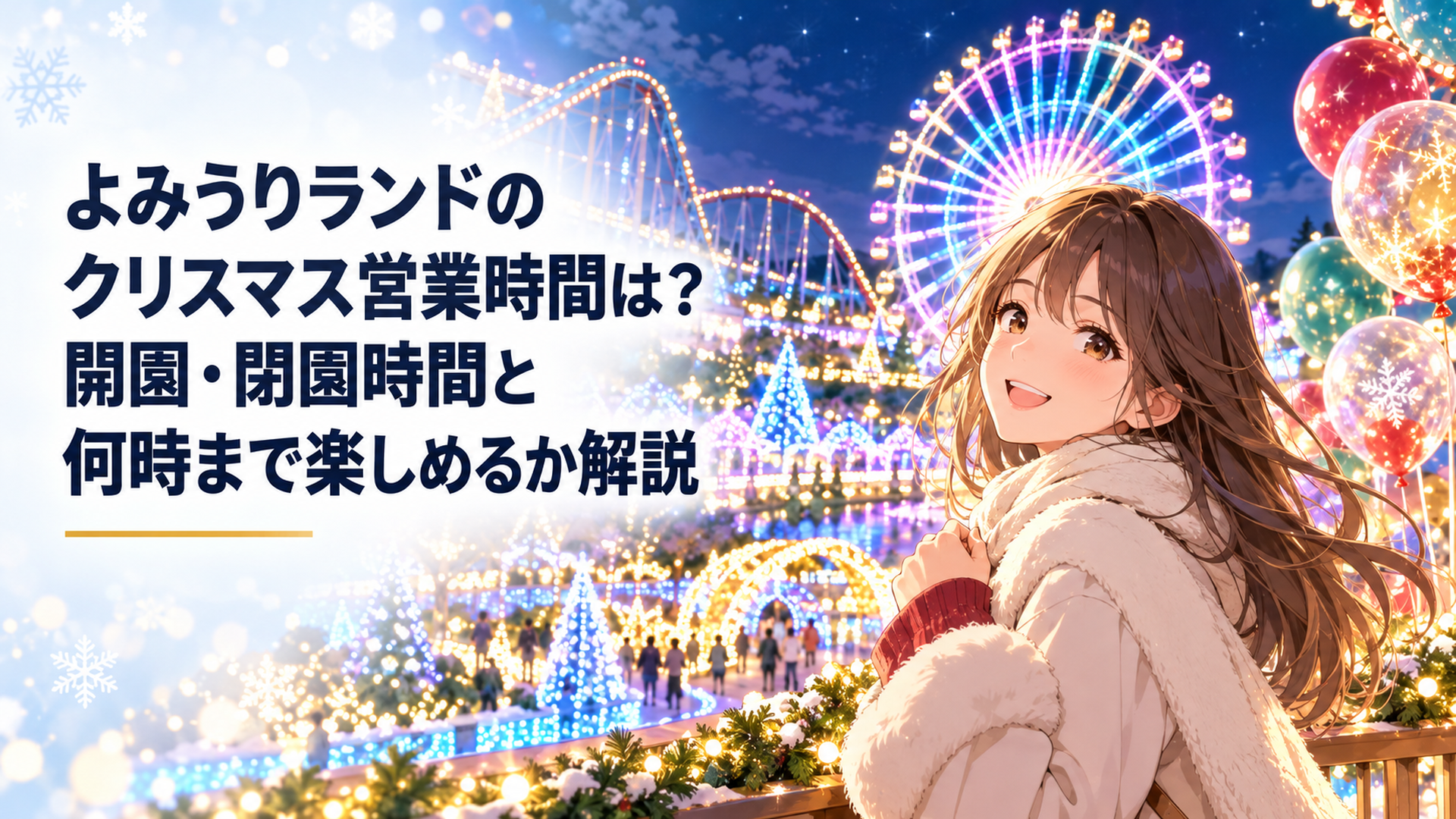 夜のよみうりランドで宝石色のイルミネーションに包まれた園内と観覧車が輝くクリスマスの風景