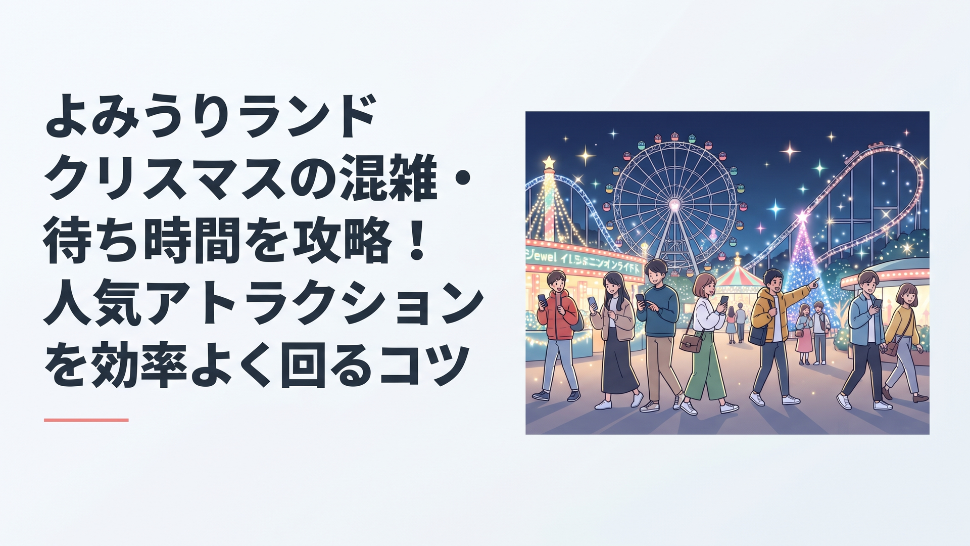 夜のよみうりランドで宝石色のジュエルミネーションに包まれる園内と、待ち時間を気にしながら歩く来園者たち