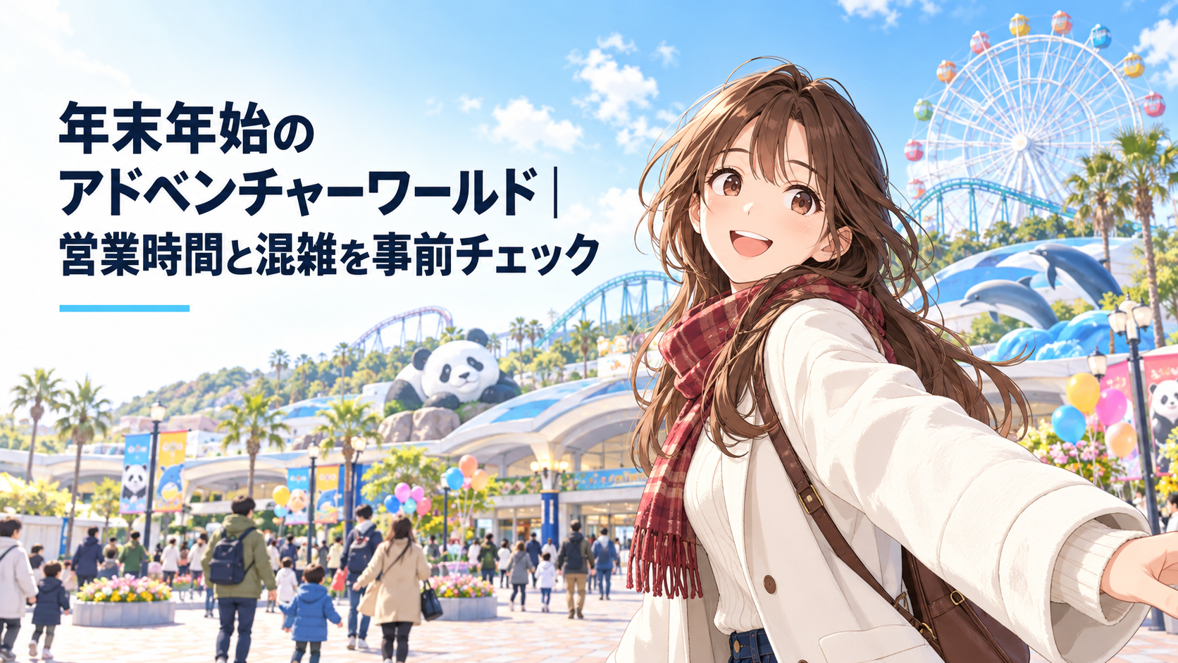雪のない冬晴れの白浜、年末年始に家族連れでにぎわうアドベンチャーワールドの入園ゲート前