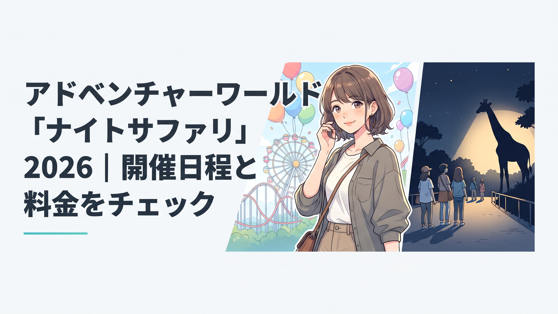 暗がりの夜のサファリを歩く来園者と、ライトに浮かぶキリンのシルエット